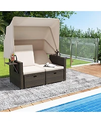 Sugift Outdoor Patio Rattan Daybed with Retractable Canopy and Backrests