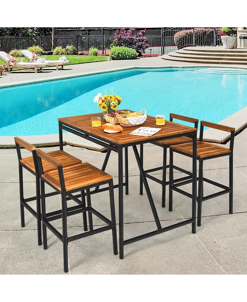 sumyeg 5-Piece Outdoor Acacia Wood and Pe Rattan Bar Set with Table and Stools