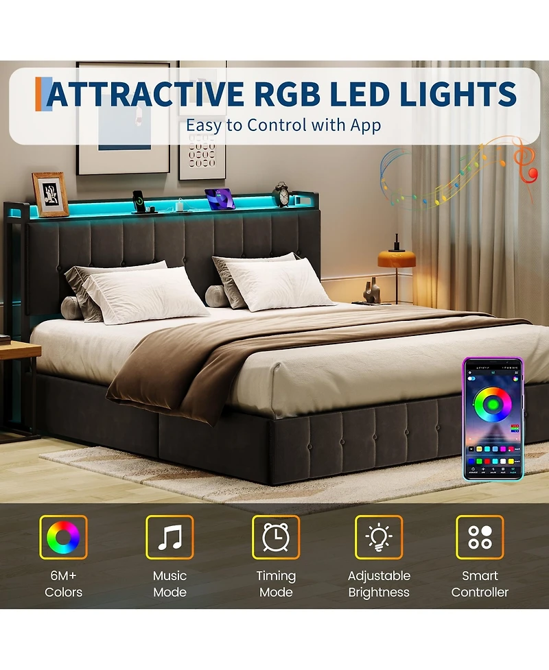 HomfanLift Up Bed Frame with Charging Station and Led Lights, Upholstered Button Tufted Wingback Storage Headboard