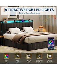 HomfanLift Up Bed Frame with Charging Station and Led Lights, Upholstered Button Tufted Wingback Storage Headboard