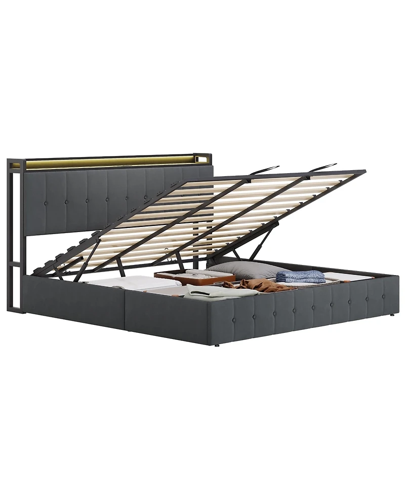 HomfanLift Up Bed Frame with Charging Station and Led Lights, Upholstered Button Tufted Wingback Storage Headboard