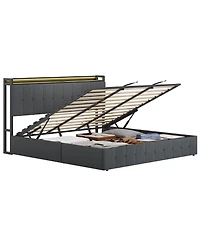 HomfanLift Up Bed Frame with Charging Station and Led Lights, Upholstered Button Tufted Wingback Storage Headboard
