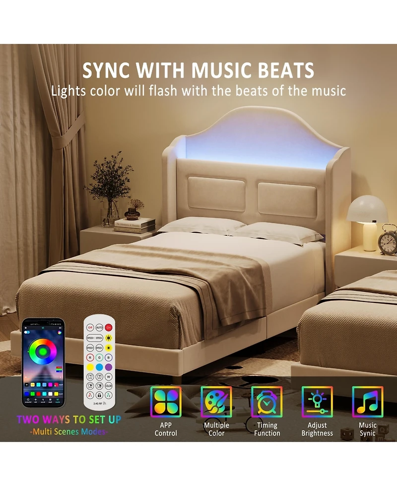 Homfan Upholstered Bed Frame with Led Lights, Velvet Platform Wing Back Storage Headboard