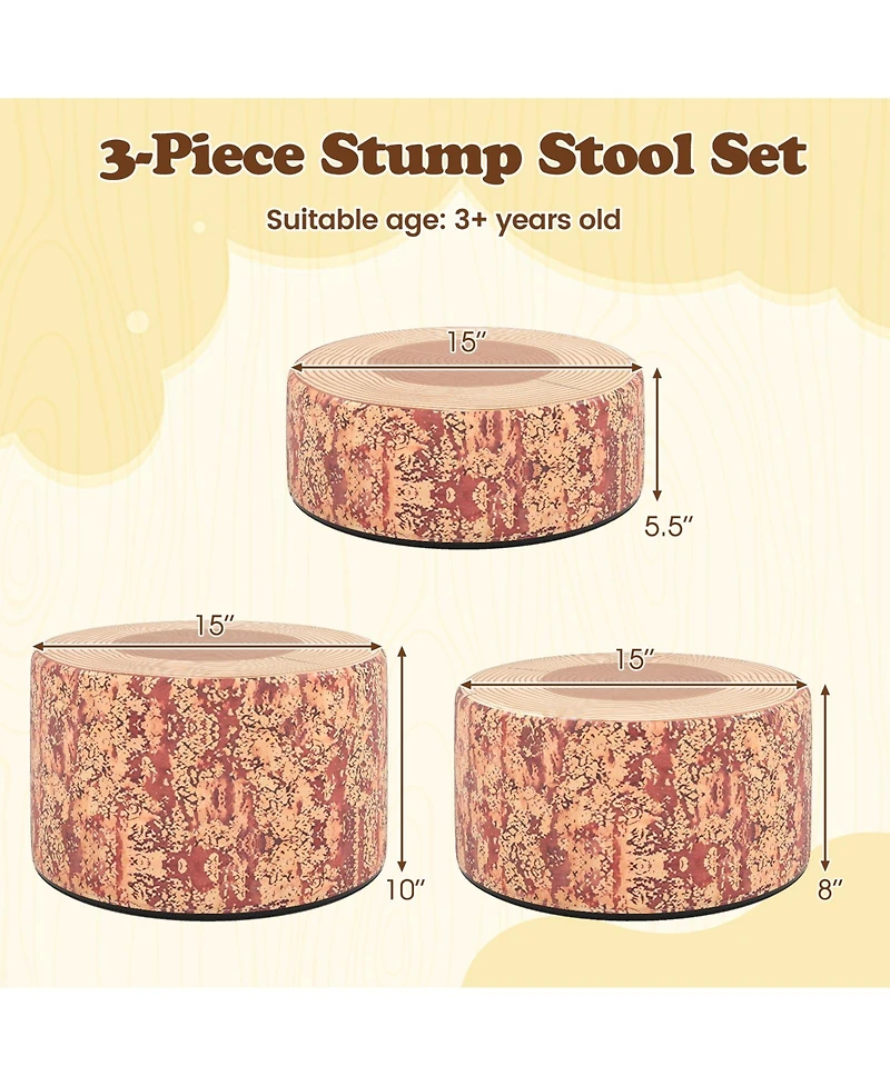 Sugift 3-Piece Tree Stump Stool Set with Wood Printing Nature Decoration