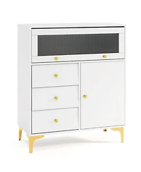 Sugift Chest of Drawers with Fluted Glass Door and Storage