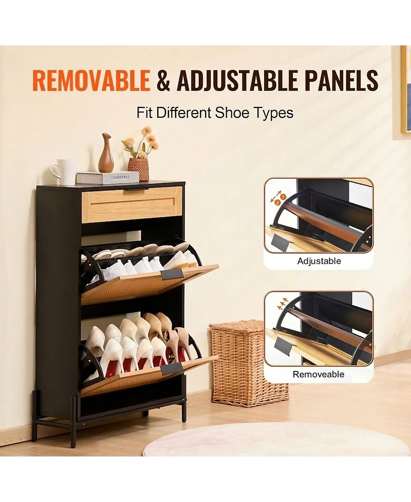 Sugift Rattan Shoe Cabinet, Narrow 2 Flip Drawers and 1 Slide Drawer