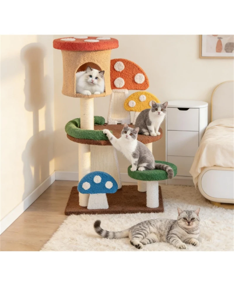 Zeus & Ruta Cute Mushroom Cat Tree with Condo Spring Ball Sisal Posts