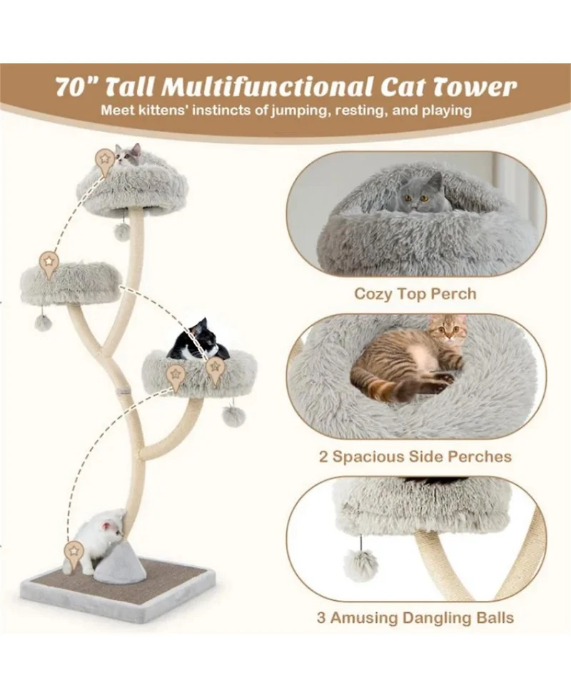 Zeus & Ruta 70 Inch 4 Tier Cat Activity Center with 3 Perches Playful Balls and Resting Hideout