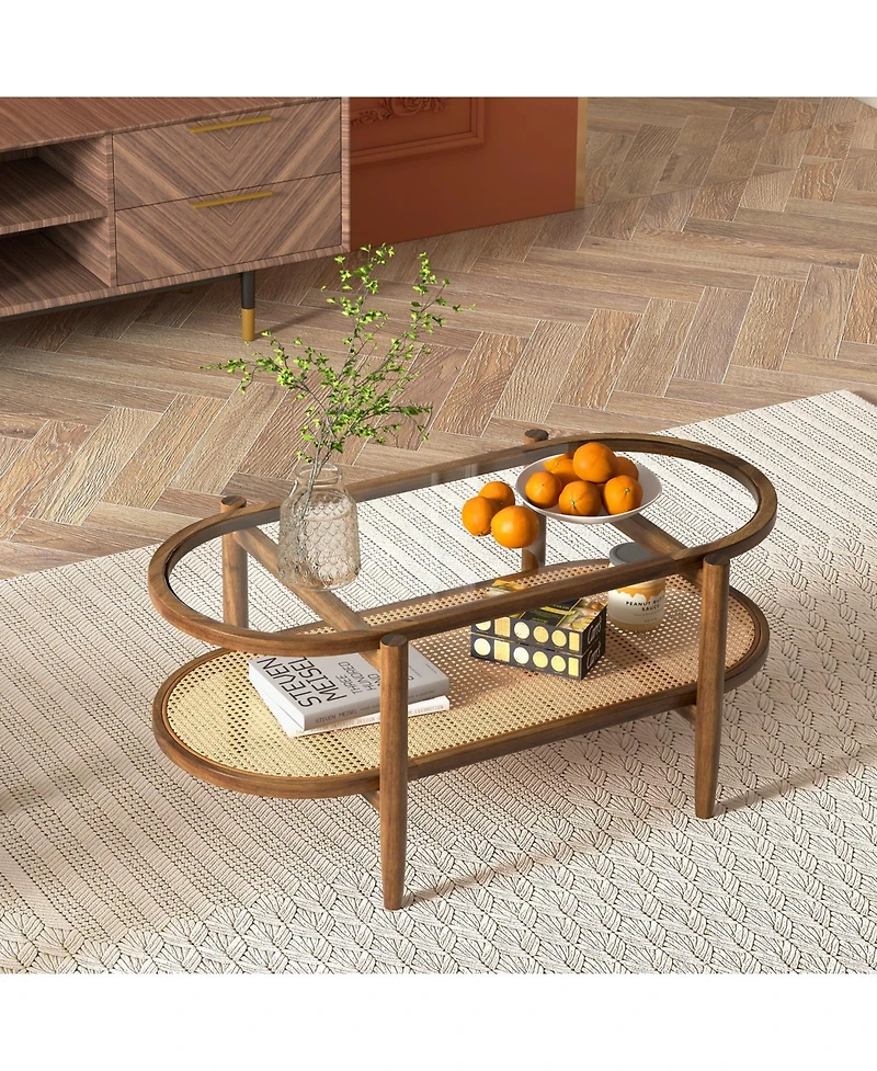 sumyeg Tempered Glass Tabletop and Acacia Wood Frame 2-Tier Coffee Table