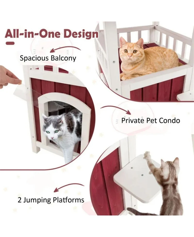 Zeus & Ruta 2 Story Wooden Cat House with Asphalt Roof Balcony and Rain Curtain for Outdoor Use