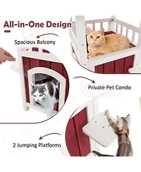 Zeus & Ruta 2 Story Wooden Cat House with Asphalt Roof Balcony and Rain Curtain for Outdoor Use