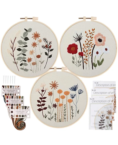 Gnuadz 3 Pack Embroidery Starter Kit Beginners Stamped Cross Cute Flowers Patterns Hoop Threads Adults