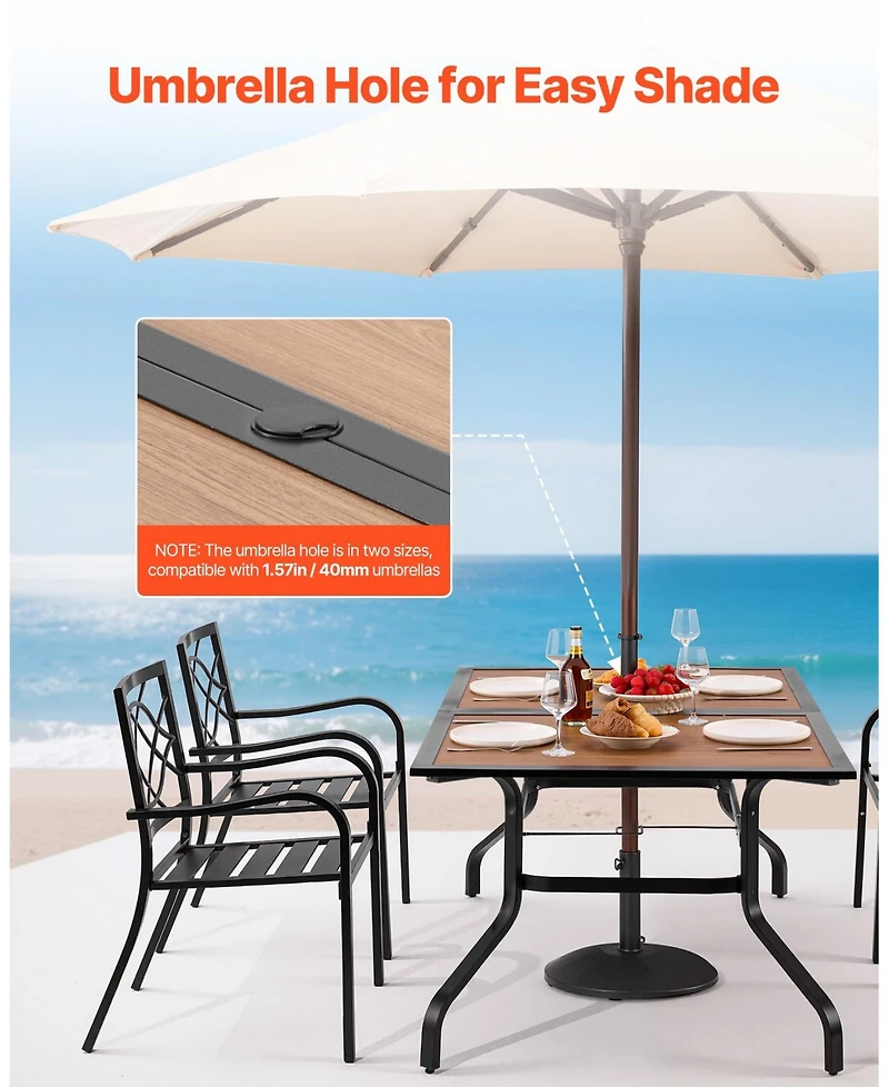 Gouun Wood-Like Steel Slat Patio Dining Table with Umbrella Hole