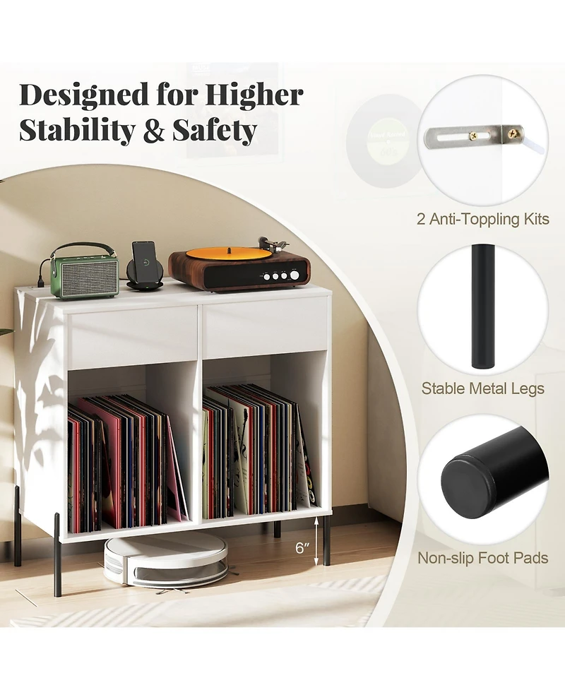 Sugift Double Wide Record Player Stand with Power Outlets and Storage