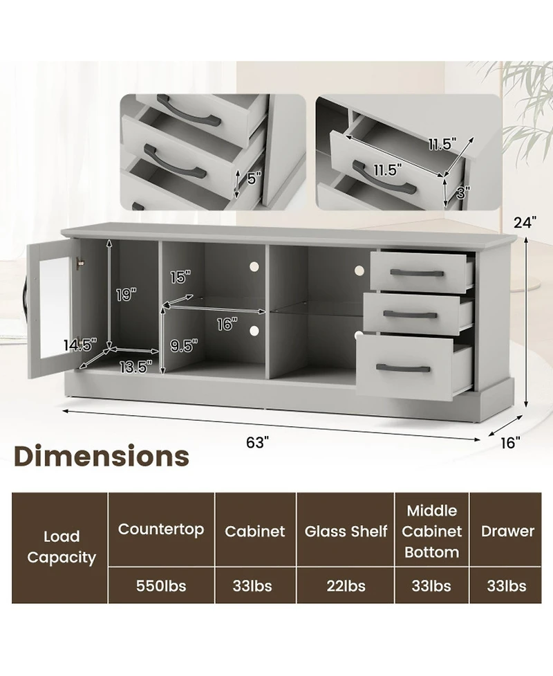 Gouun 63 in Media Console with 3 Drawers and Dual Glass Display Shelves