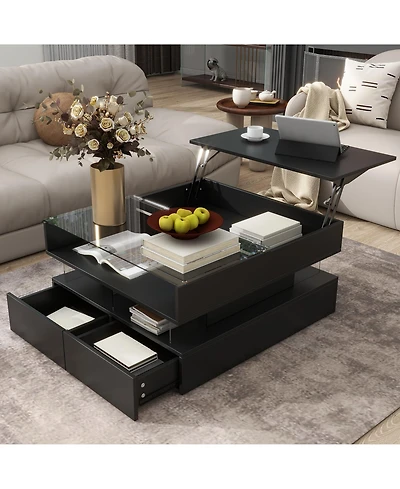 Rainsken Modern Square Lift-Top Coffee Table with 2 Drawers, Hidden Storage, Led Lighting and High-Gloss Surface for Living Room