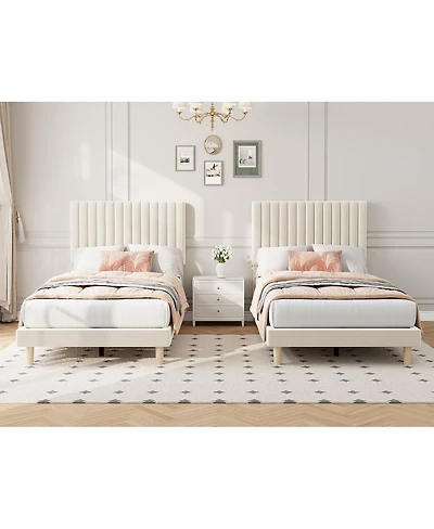 gaomon Set of 2 Velvet Upholstered Platform Beds with Adjustable Tufted Headboard – Vertical Channel Design