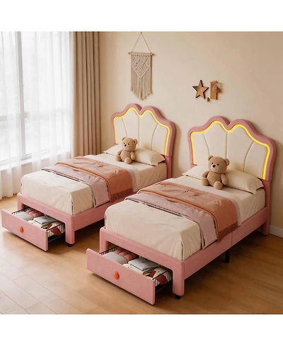 Homfan Set of 2 Dreamy Velvet Platform Bed with Adjustable Channel-Tufted Headboard - Soft Linen Upholstery, No Box Spring Needed