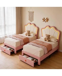 Homfan Set of 2 Dreamy Velvet Platform Bed with Adjustable Channel-Tufted Headboard - Soft Linen Upholstery, No Box Spring Needed