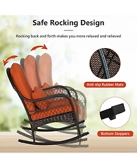 Gymax Wicker Rocking Chair w/ Orange Seat Back Cushions and Lumbar Pillow Balcony Patio