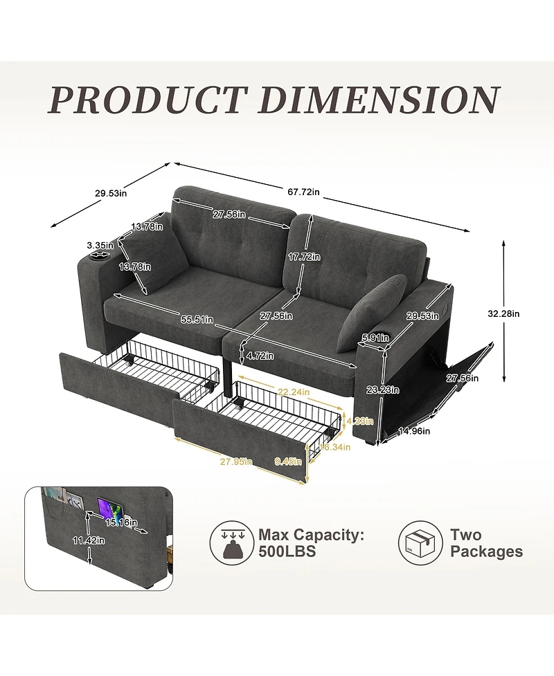 Rainsken 67" Chenille Loveseat Sofa, 2-Seater Couch with Storage, Usb Charging and Cup Holders for Living Room and Apartment