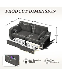 Rainsken 67" Chenille Loveseat Sofa, 2-Seater Couch with Storage, Usb Charging and Cup Holders for Living Room and Apartment
