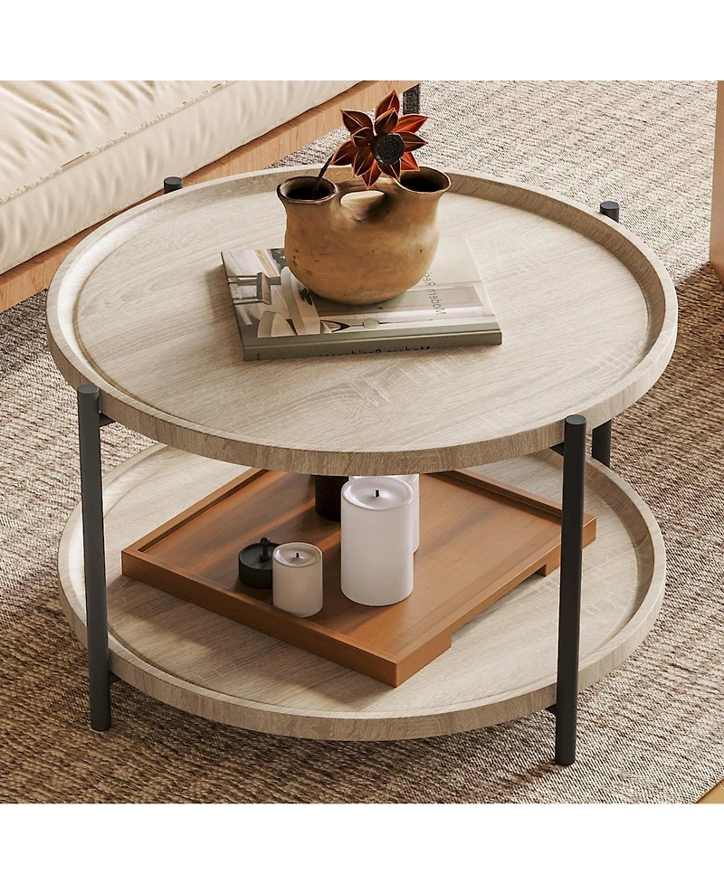 gaomon Round Wood 2-Tier Coffee Table with Metal Legs and Storage Shelf