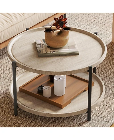 gaomon Round Wood 2-Tier Coffee Table with Metal Legs and Storage Shelf