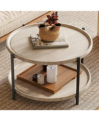 gaomon Round Wood 2-Tier Coffee Table with Metal Legs and Storage Shelf