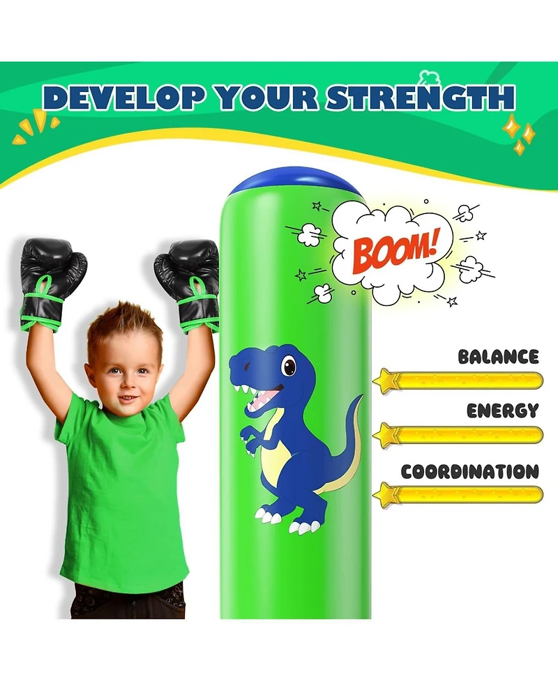 Qpau Inflatable Punching Bag, 48 Inch Stable Inflatable Boxing Bag for 3-6 Kids,Dinosaur Toy and Gifts for Boys and Girls, Kids Boxing Set