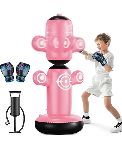Qpau 360degree(s) Rotatable Punching Bag for Kids, Lager 64” Kids Punching Bag with Gloves, Hand Pump and 6 Targets, Bop Bag Inflatable Punchin