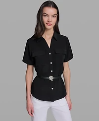 Karl Lagerfeld Paris Petite Rosette Belted Collared Blouse
