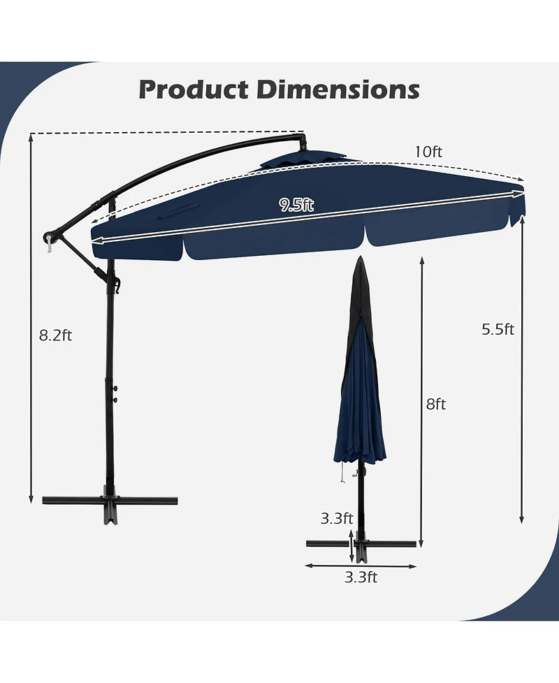 Sugift 10 ft Patio Cantilever Umbrella with Cover and Tilt Adjustment