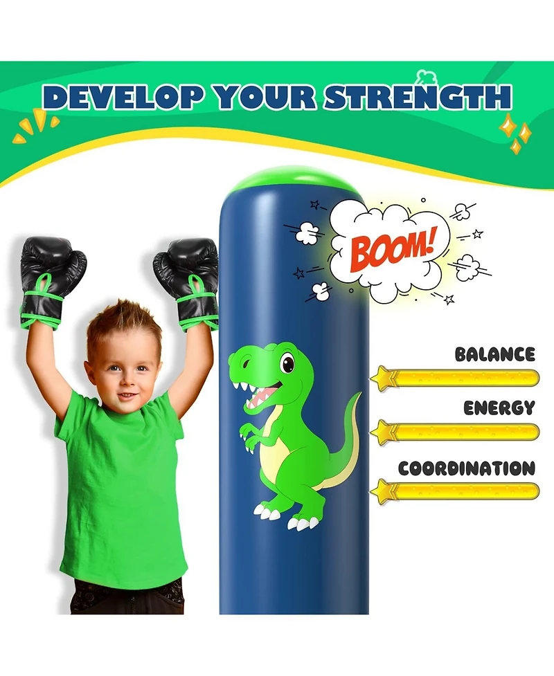 Qpau Inflatable Punching Bag, 48 Inch Stable Inflatable Boxing Bag for 3-6 Kids,Dinosaur Toy and Gifts for Boys and Girls, Kids Boxing Set