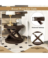 Rainsken X-shape Base Coffee Table, 22" Retro Round Wooden Center Table for Living Room, Small Space