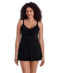 Longitude Women's Solid Black Ruffle Front Long Torso Swim Dress