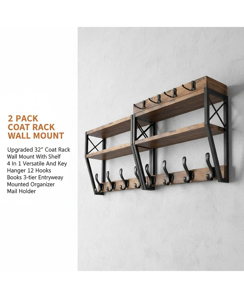 Yigii Upgraded 32" Wall Mount Coat Rack 4 in 1 with Shelf 12 Hooks Entryway Organizer Mail Holder