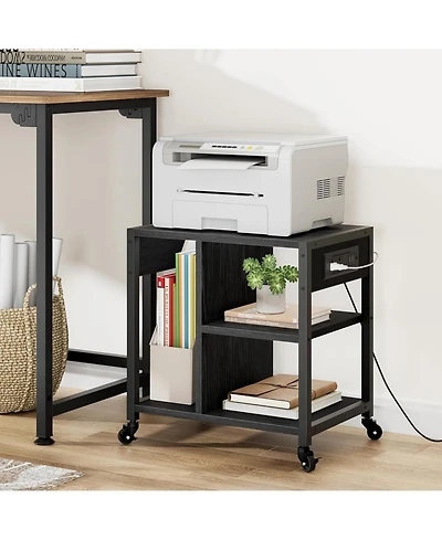 gaomon 18” Mobile Printer Stand with Outlets, Usb, 3/4-Tier Rolling Storage Cart, Shelves, Locking Casters, Compact Table for Office