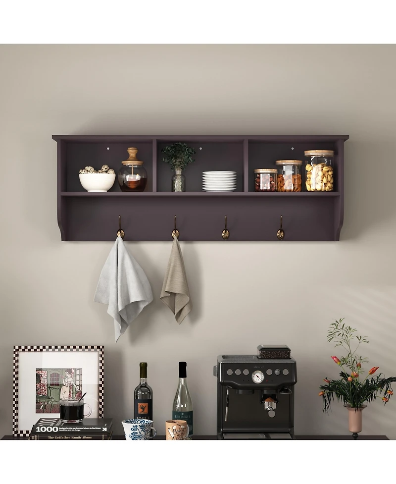 Flynama Wall Mounted Entryway Coat Rack 4 Dual Hooks Wooden Storage Shelf