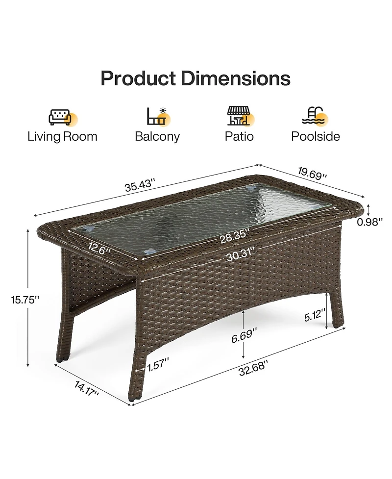 Tribesigns Outdoor Wicker Coffee Table with Hammered Glass Top, Hand Pe Rattan Wicker Patio Furniture Set, All-Weather Rectangular Patio Table