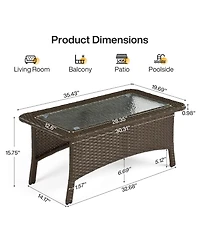 Tribesigns Outdoor Wicker Coffee Table with Hammered Glass Top, Hand Pe Rattan Wicker Patio Furniture Set, All-Weather Rectangular Patio Table