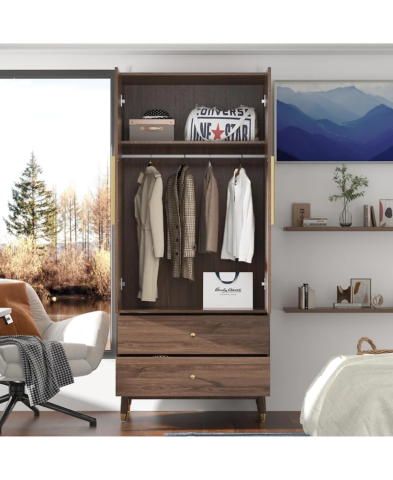 Homsee Armoire with 2-Drawers, Hanging Rod and Metal Handles