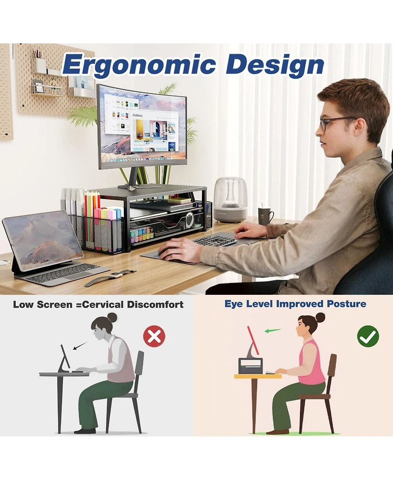 Gnuadz 2-tier Monitor Stand Riser Desk Organizer With Drawer Pen Holder