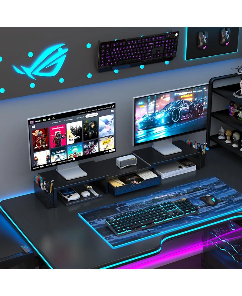 Gnuadz Dual Monitor Stand Riser Desk Organizer Drawer 2 Pen Holders Shelf