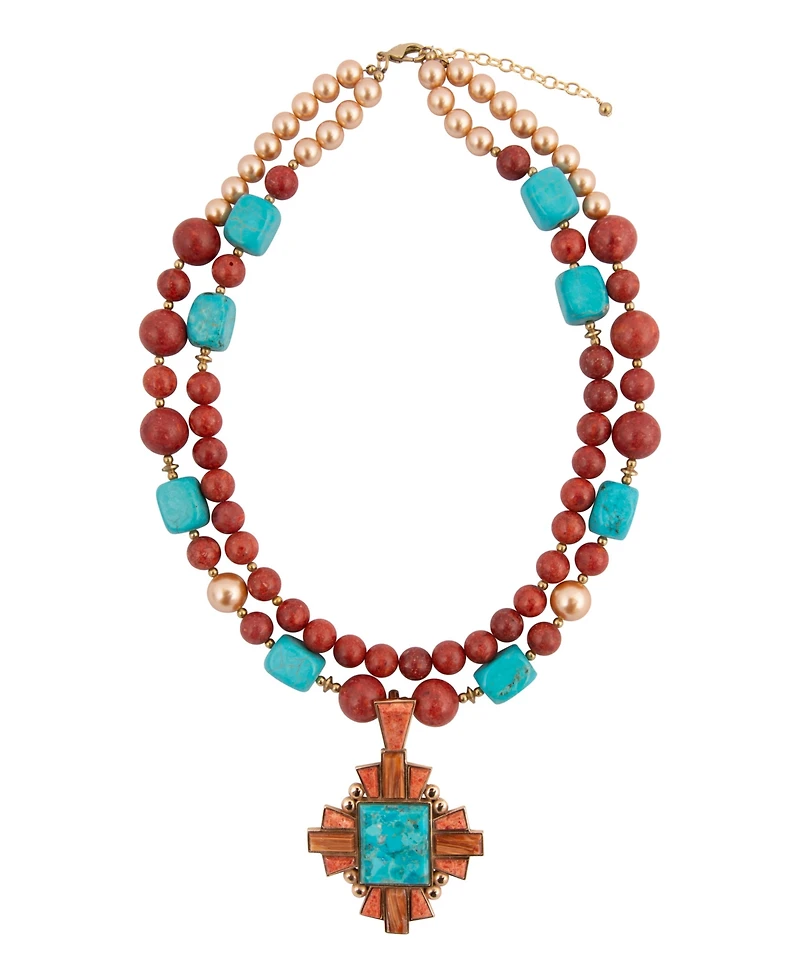 Barse Santa Fe Blue Turquoise Golden Cross Pendant Necklace