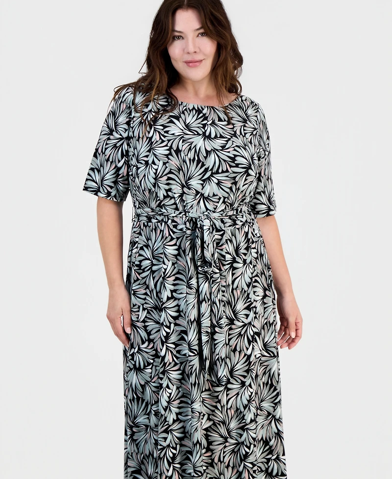 Kasper Plus Printed Elbow-Sleeve Midi Dress