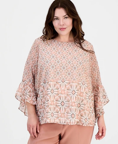 Kasper Plus Printed Boat Neck Ruffled-Sleeve Top
