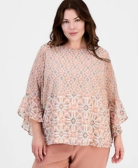 Kasper Plus Printed Boat Neck Ruffled-Sleeve Top