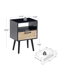 sumyeg Modern Rattan End Table with Drawer and Solid Wood Legs Nightstand Cabinet