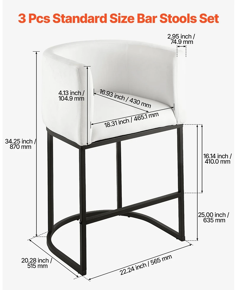 Gouun 25 in Counter Height Fabric Bar Stool Set of 3 with Backrest, Arm, Metal Frame, and Footrest